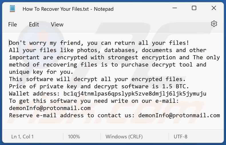 Demon ransomware text file (How To Recover Your Files.txt)