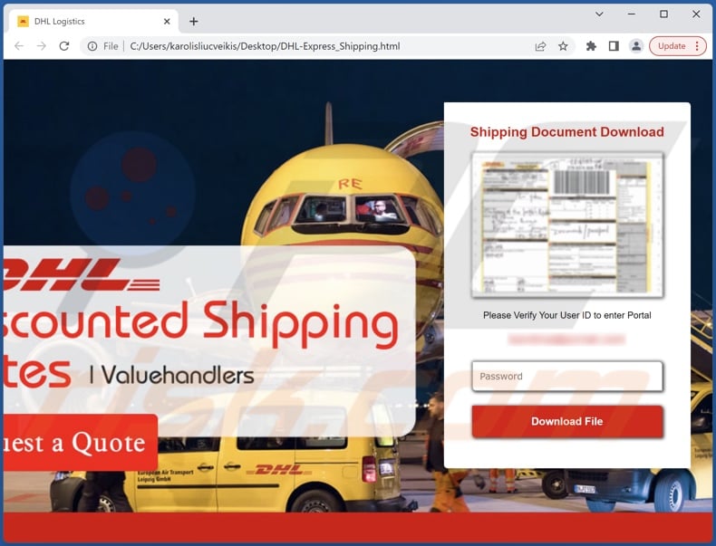 DHL e-Shipping Invoice scam email phishing attachment (DHL-Express_Shipping.html)