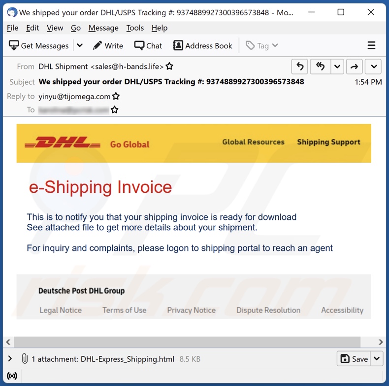 DHL e-Shipping Invoice email spam campaign