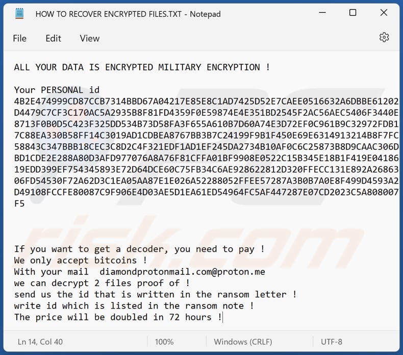 Diamond ransomware text file (HOW TO RECOVER ENCRYPTED FILES.TXT)