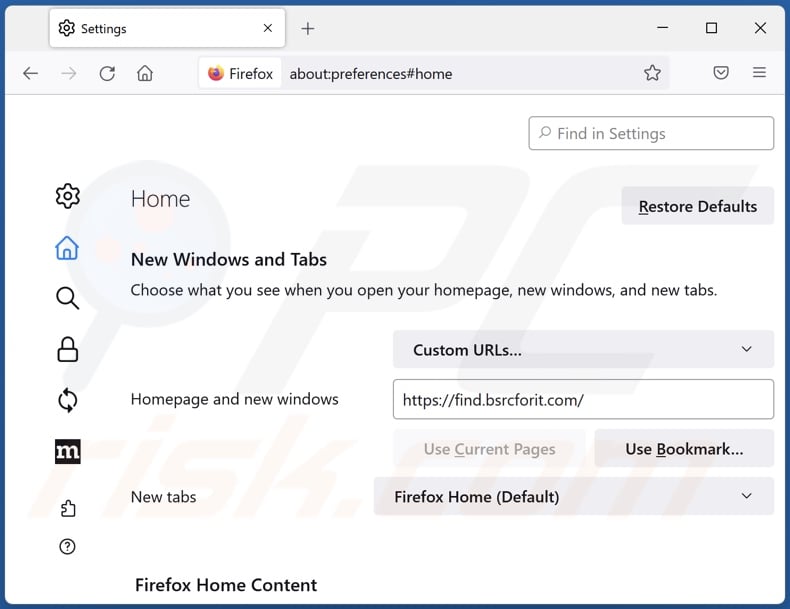 Removing bsrcforit.com from Mozilla Firefox homepage