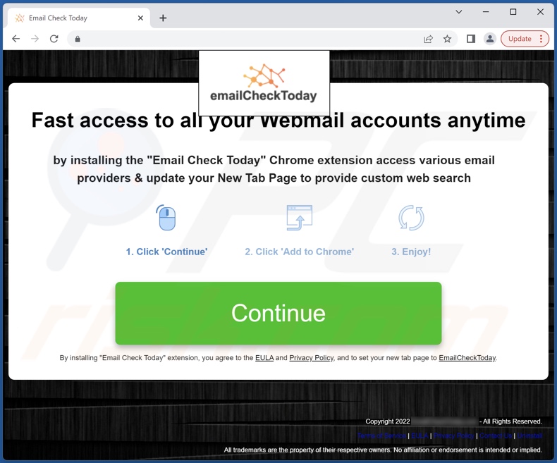 Website used to promote EmailCheckToday browser hijacker