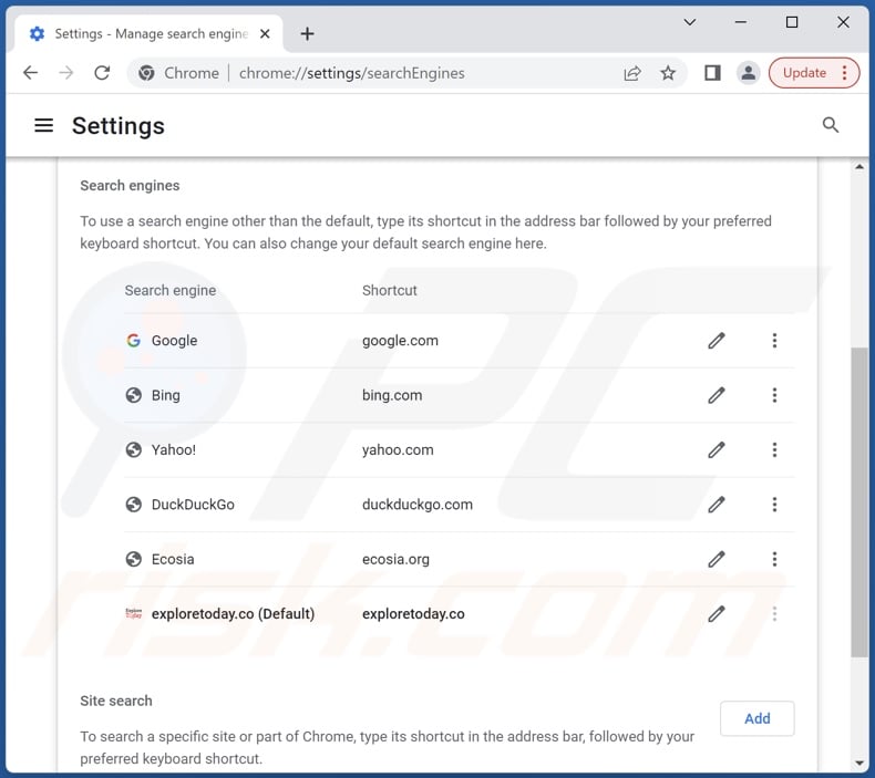 Removing exploretoday.co from Google Chrome default search engine