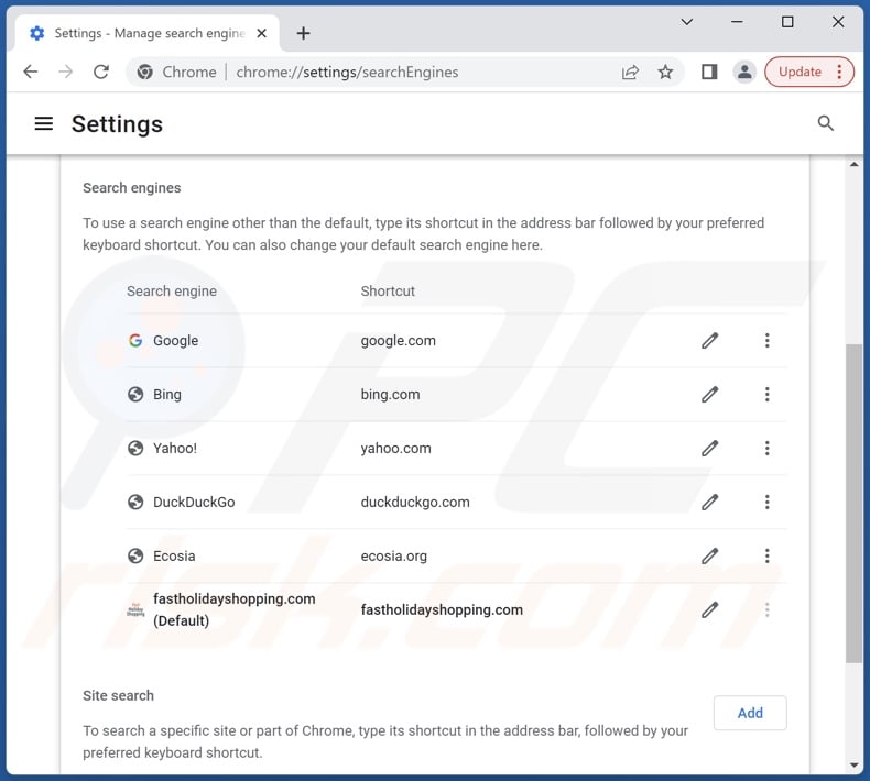 Removing fastholidayshopping.com from Google Chrome default search engine
