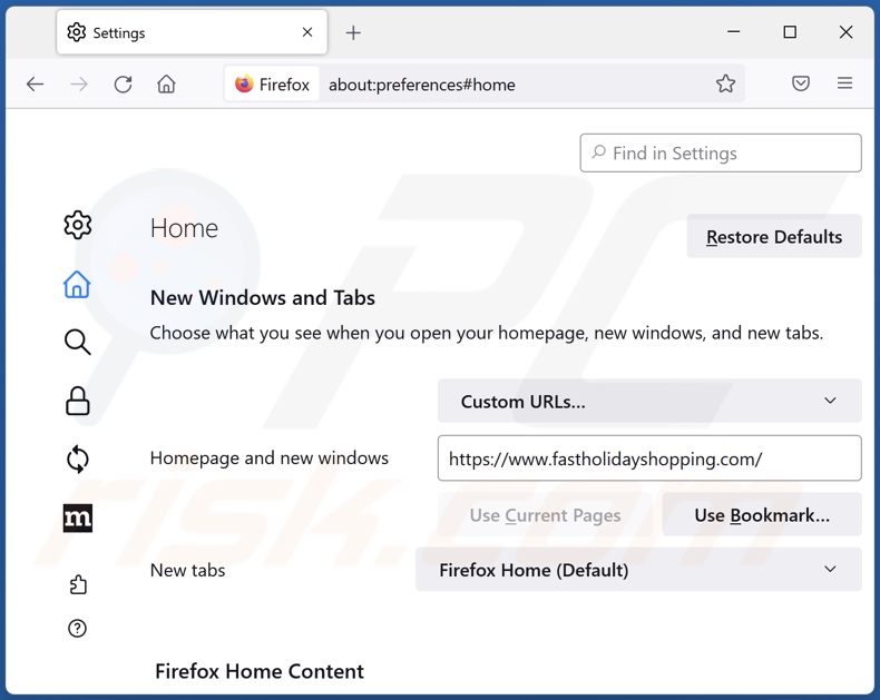 Removing fastholidayshopping.com from Mozilla Firefox homepage