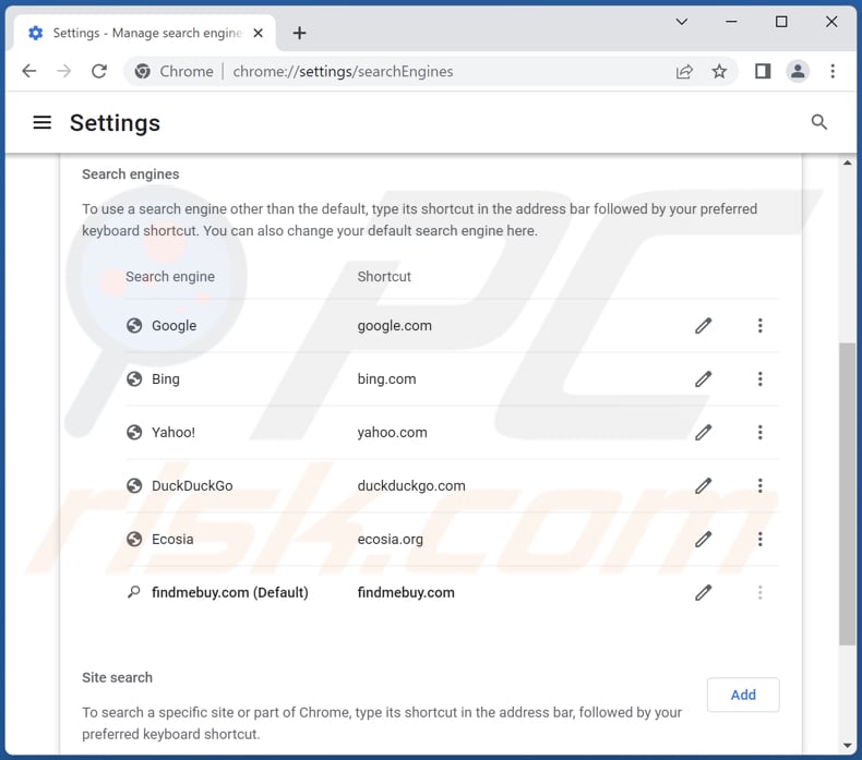 Removing findmebuy.com from Google Chrome default search engine