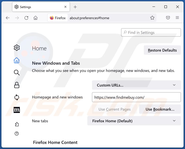 Removing findmebuy.com from Mozilla Firefox homepage