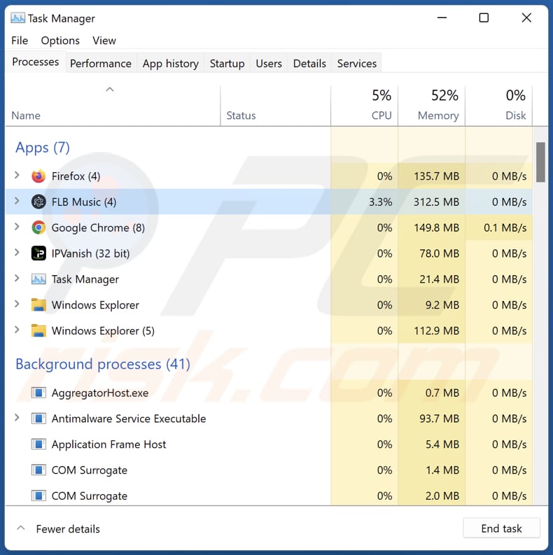 FLB Music adware running in the Task Manager as FLB Music