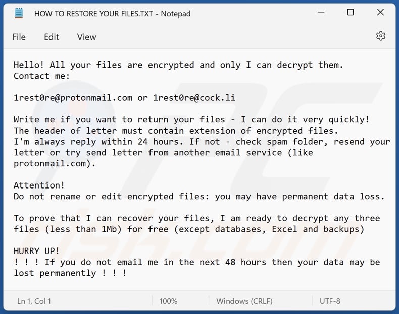 Gaqtfpr ransomware ransom-demanding message (HOW TO RESTORE YOUR FILES.TXT)