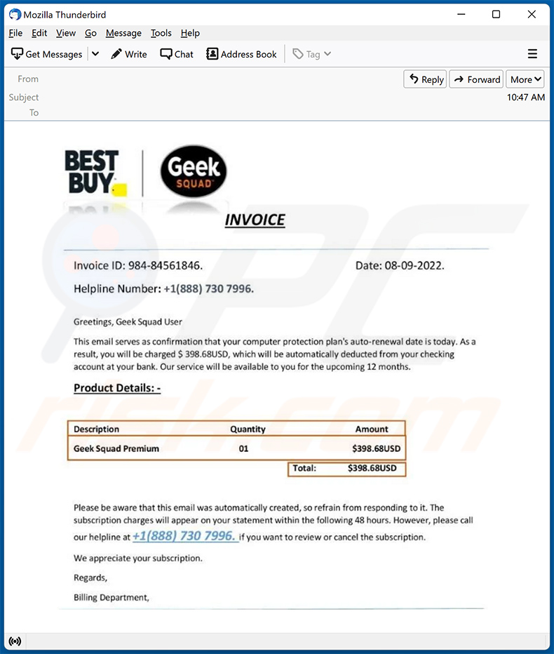 Geek Squad-themed spam email (2022-09-09 - second sample)