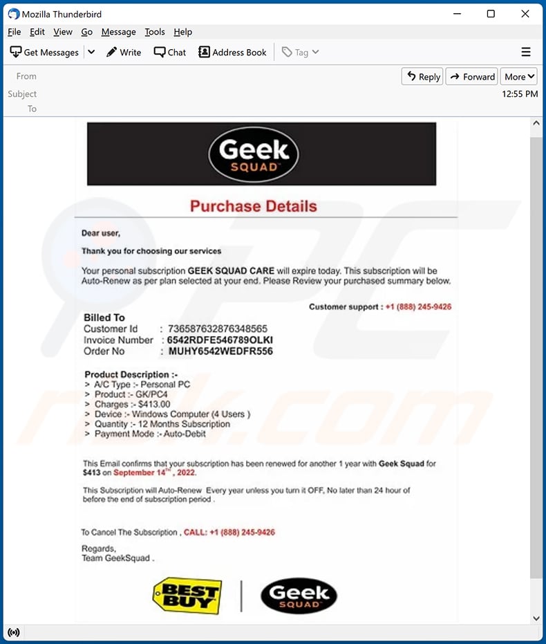 Geek Squad-themed spam email (sample 1 - 2022-09-15)