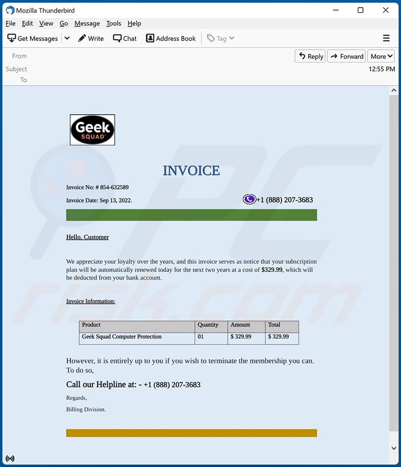 Geek Squad-themed spam email (sample 2 - 2022-09-15)