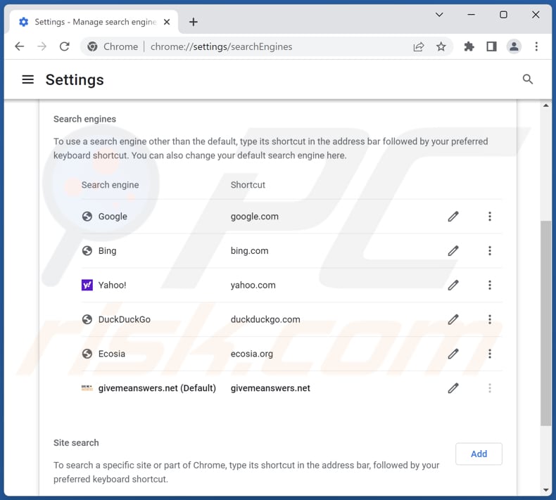 Removing givemeanswers.net from Google Chrome default search engine