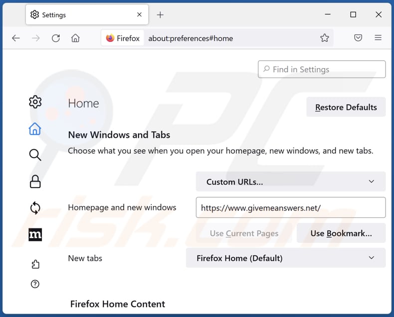 Removing givemeanswers.net from Mozilla Firefox homepage