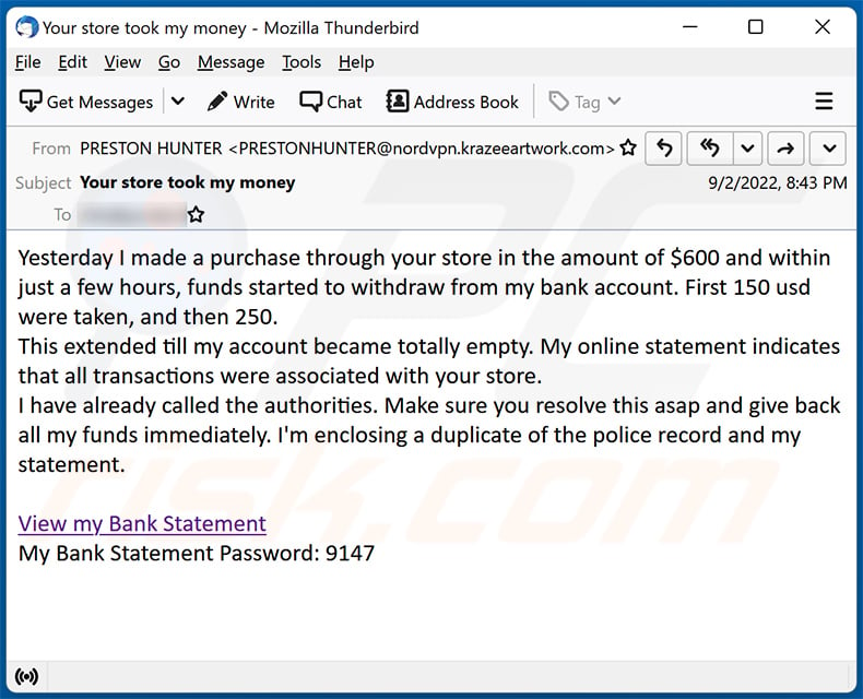 Your Store Took My Money email scam