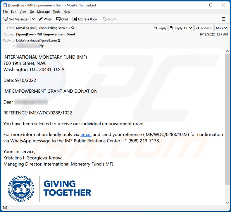 INTERNATIONAL MONETARY FUND (IMF) email scam (2022-09-13)