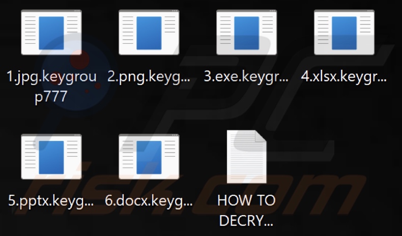 Files encrypted by a variant of Key Group ransomware (.keygroup777 extension)