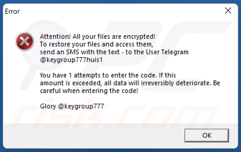 Key Group ransomware ransom-demanding message (pop-up)