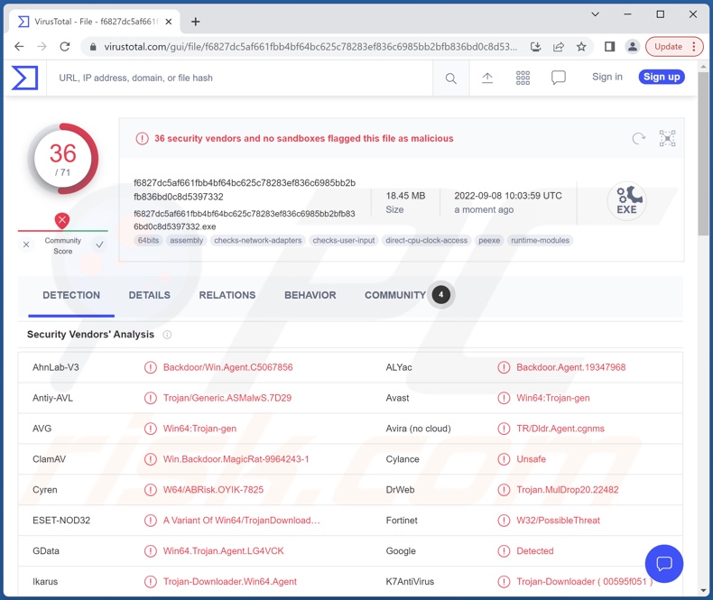 MagicRAT malware detections on VirusTotal