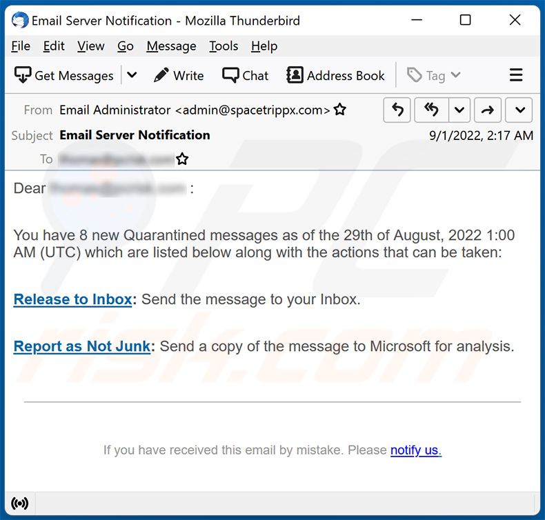 Mail Quarantined spam promoting a phishing site (2022-09-02)