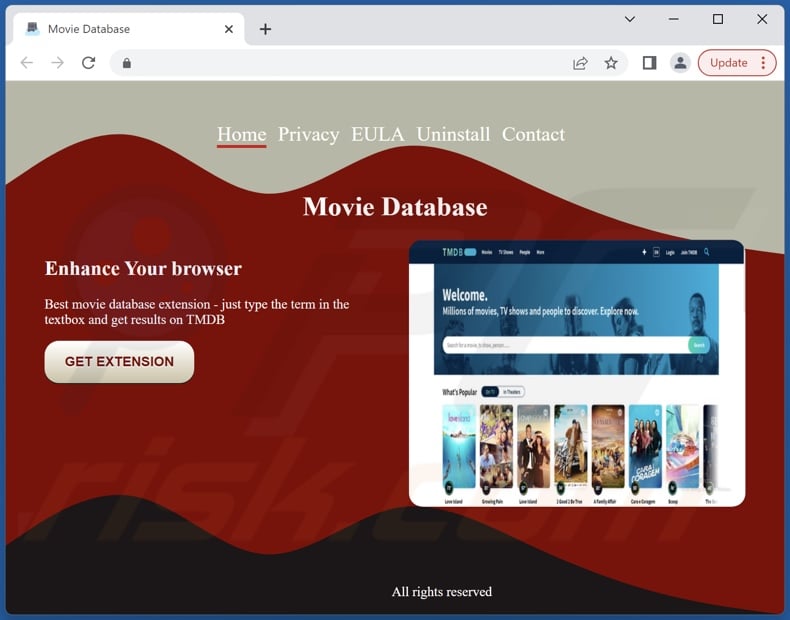 Website promoting Movie Database adware