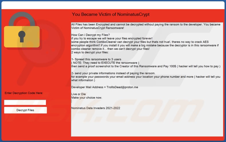 NominatusCrypt ransomware pop-up window