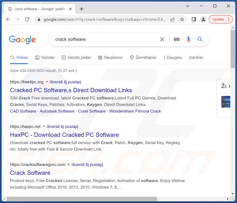 Malicious crack websites as top results on a search engine
