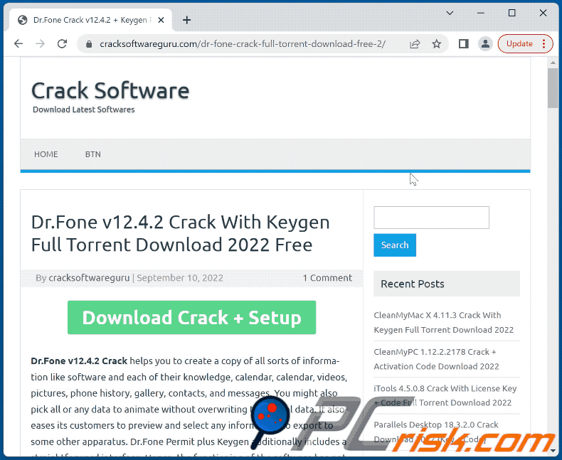 Software crack website spreading malware appearance (GIF)