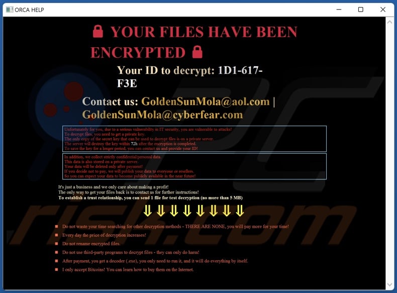 ORCA ransomware ransom note (HOW_TO_RECOVER_DATA.hta)