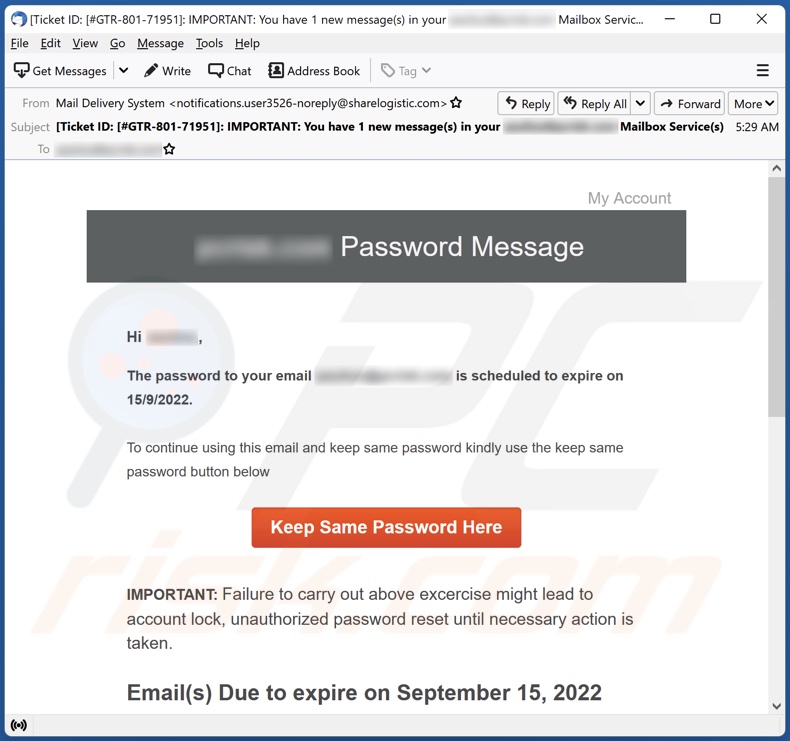 Password Is Scheduled To Expire email spam campaign