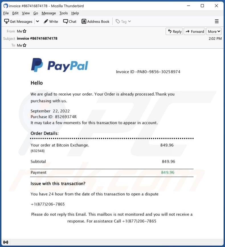 PayPal - Your Order Is Already Processed email spam campaign