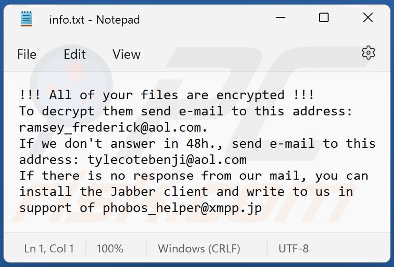Phobos ransomware ransom note (info.txt)