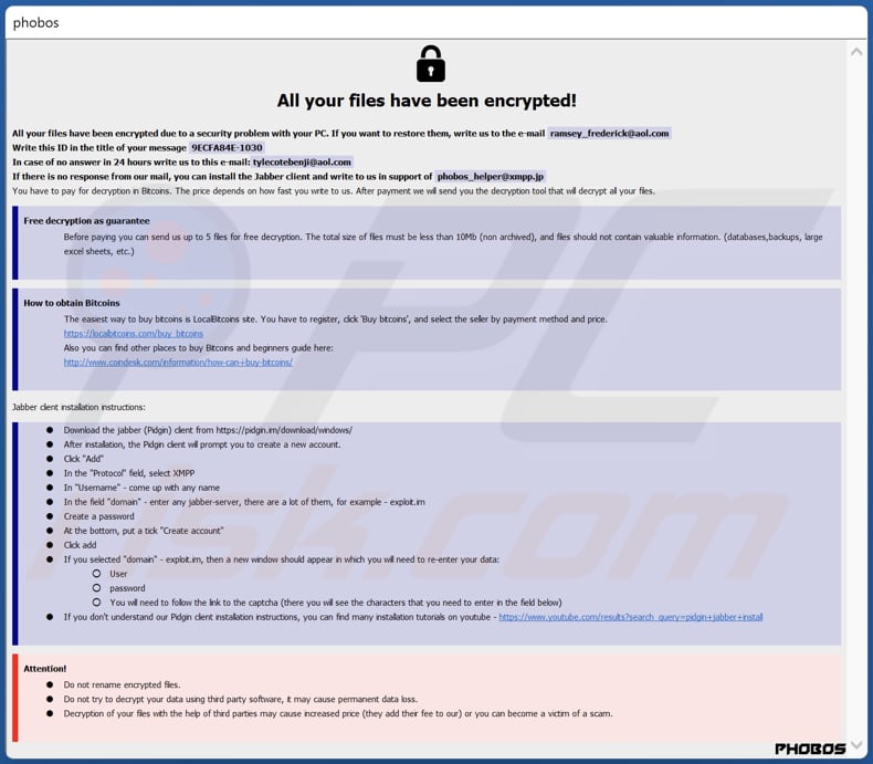 Phobos ransomware ransom note (info.hta)