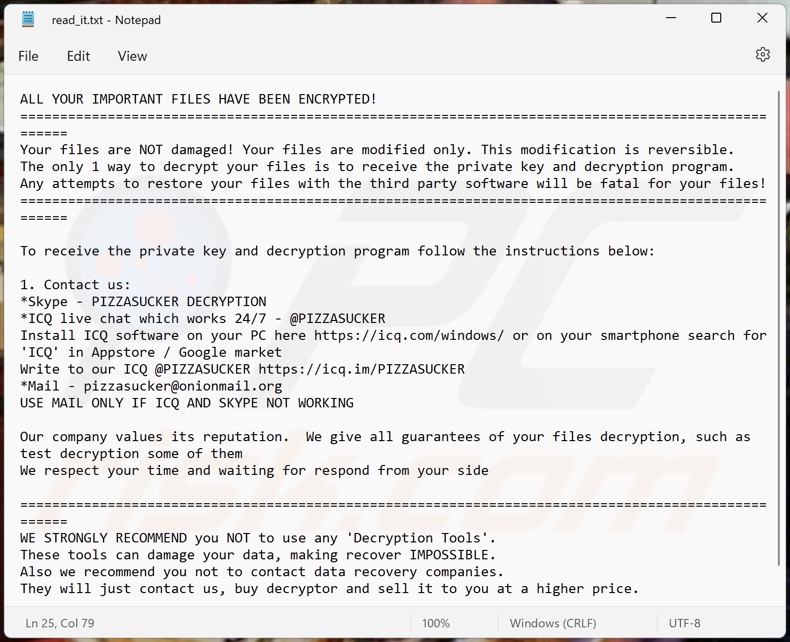 PIZZASUCKER ransomware ransom-demanding message (read_it.txt)