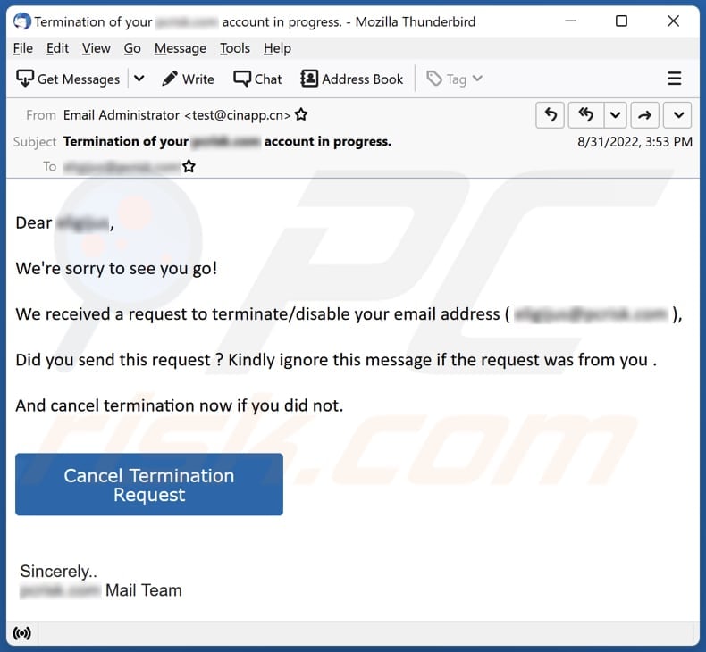 Request To Terminate/Disable Your Email email scam