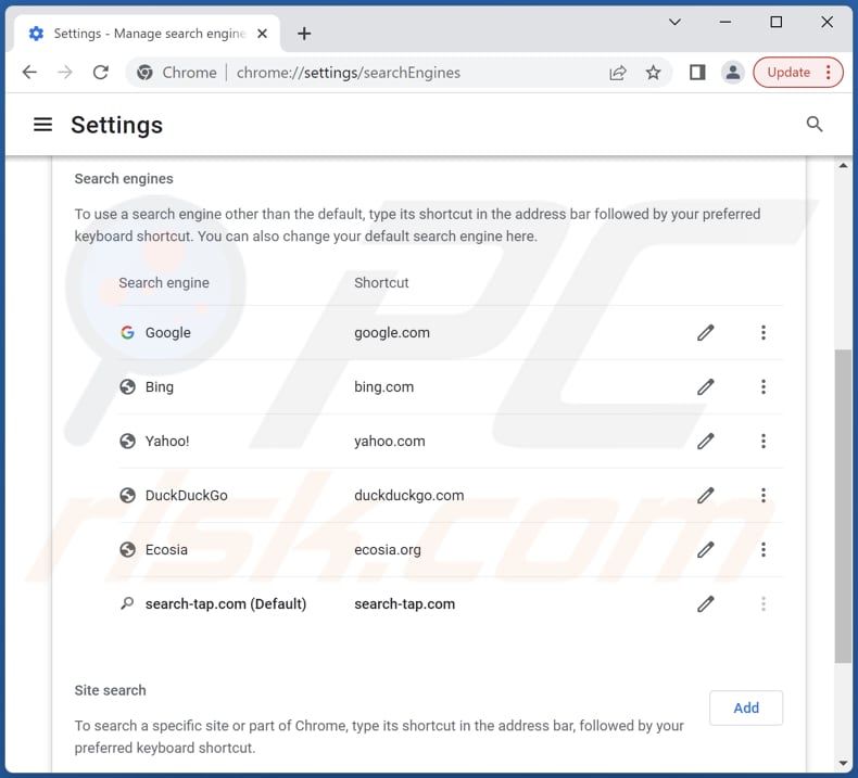 Removing search-tap.com from Google Chrome default search engine