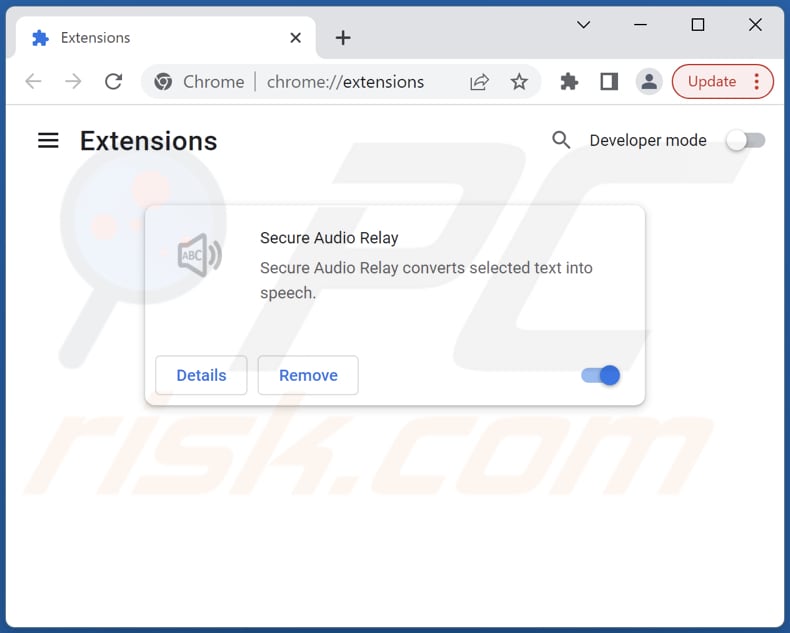 Removing Secure Audio Relay adware from Google Chrome step 2