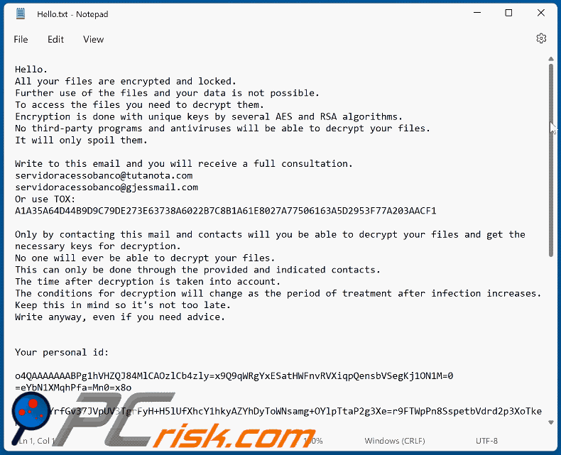 Servidoracessobanco ransomware ransom note (Hello.txt)