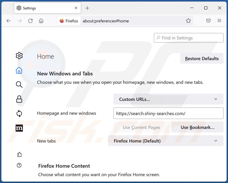 Removing search.shiny-searches.com from Mozilla Firefox homepage