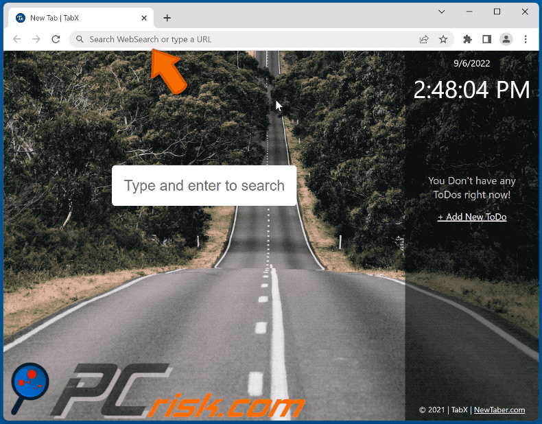 TabX browser hijacker redirecting to websearches.xyz (GIF)