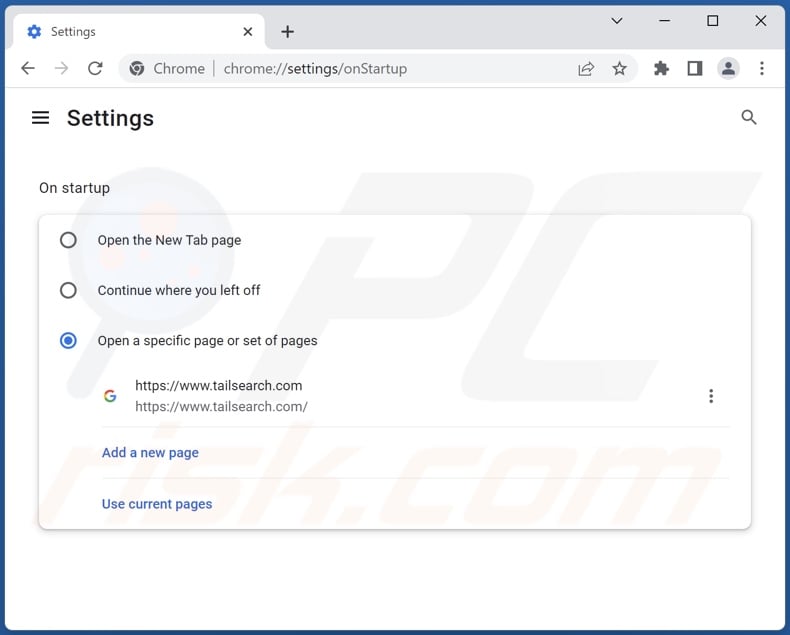 Removing tailsearch.com from Google Chrome homepage