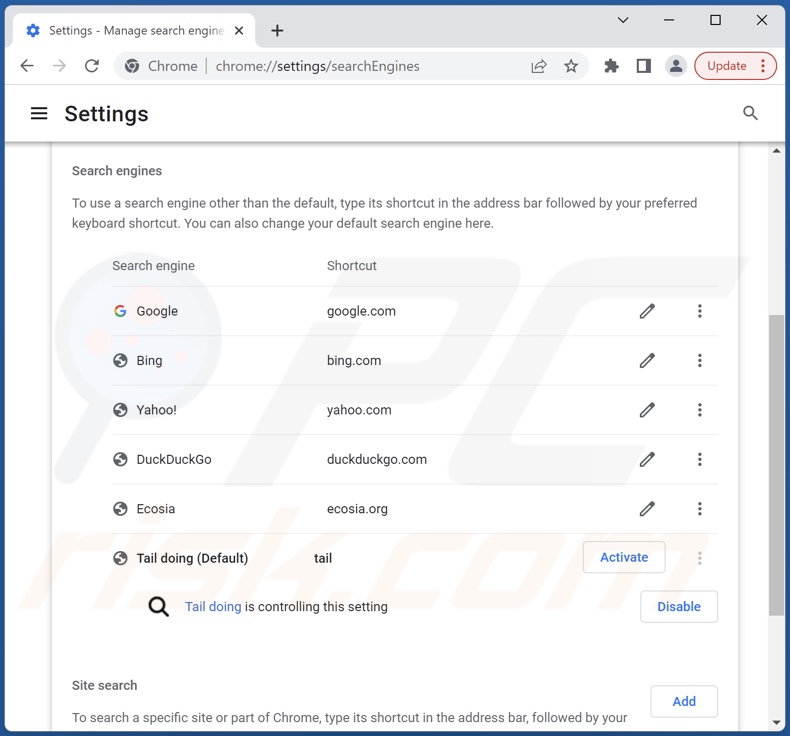 Removing tailsearch.com from Google Chrome default search engine