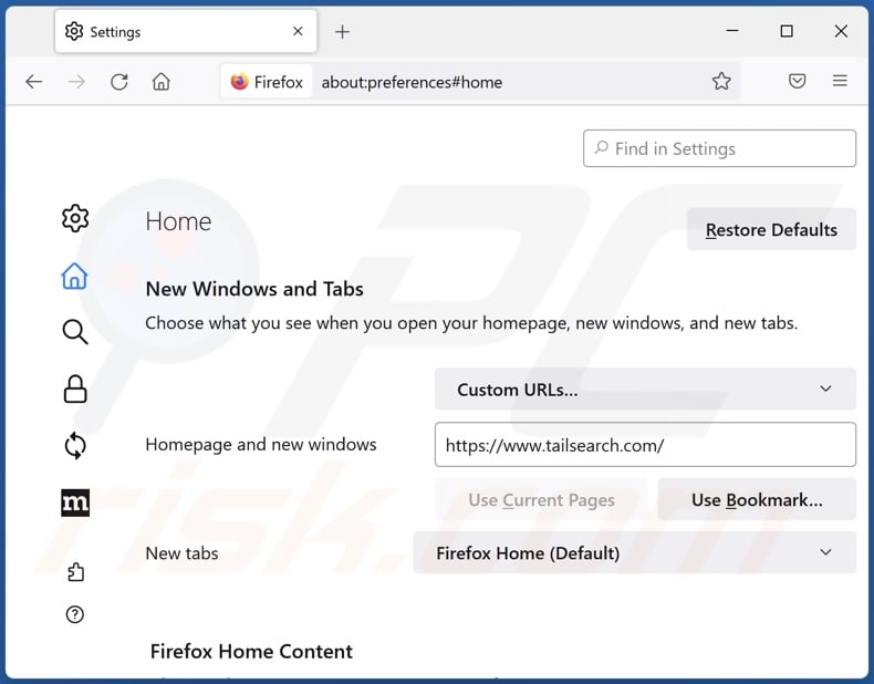 Removing tailsearch.com from Mozilla Firefox homepage