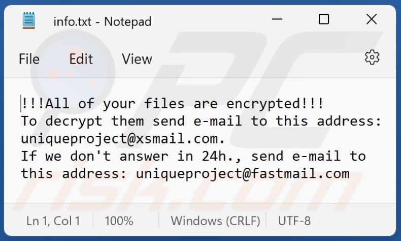unique ransomware ransom note txt file (info.txt)