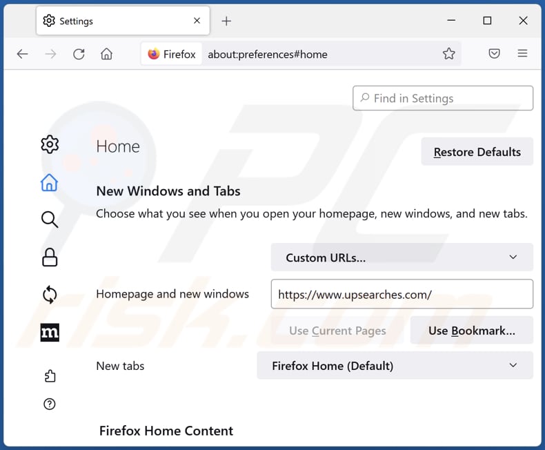 Removing upsearches.com from Mozilla Firefox homepage
