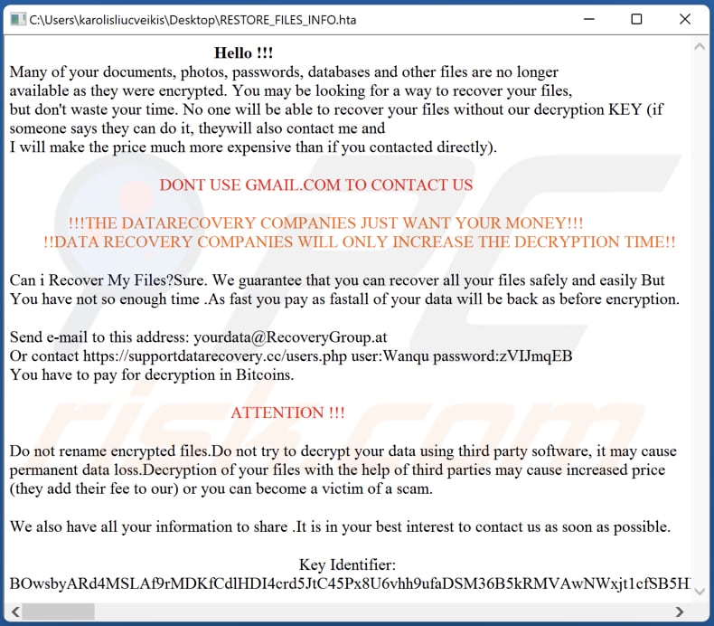 Wanqu ransomware text file (RESTORE_FILES_INFO.txt)