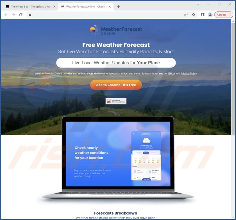 Website promoting Weather Forecast Online adware