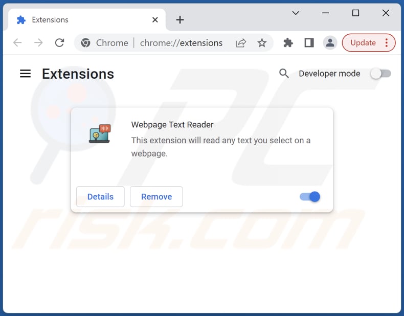 Removing Webpage Text Reader adware from Google Chrome step 2