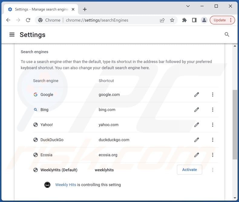 Removing weeklyhits.xyz from Google Chrome default search engine