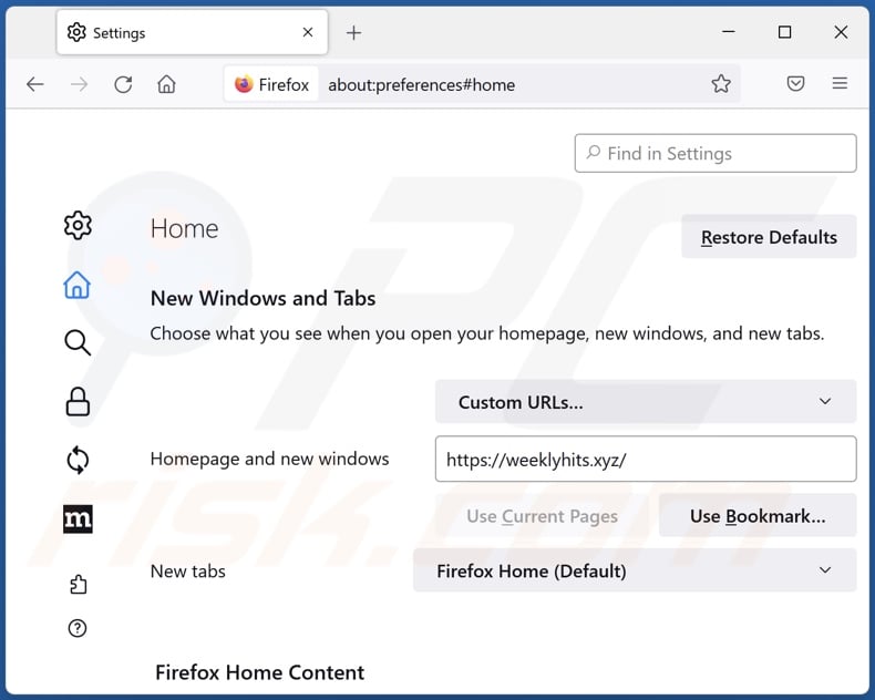 Removing weeklyhits.xyz from Mozilla Firefox homepage